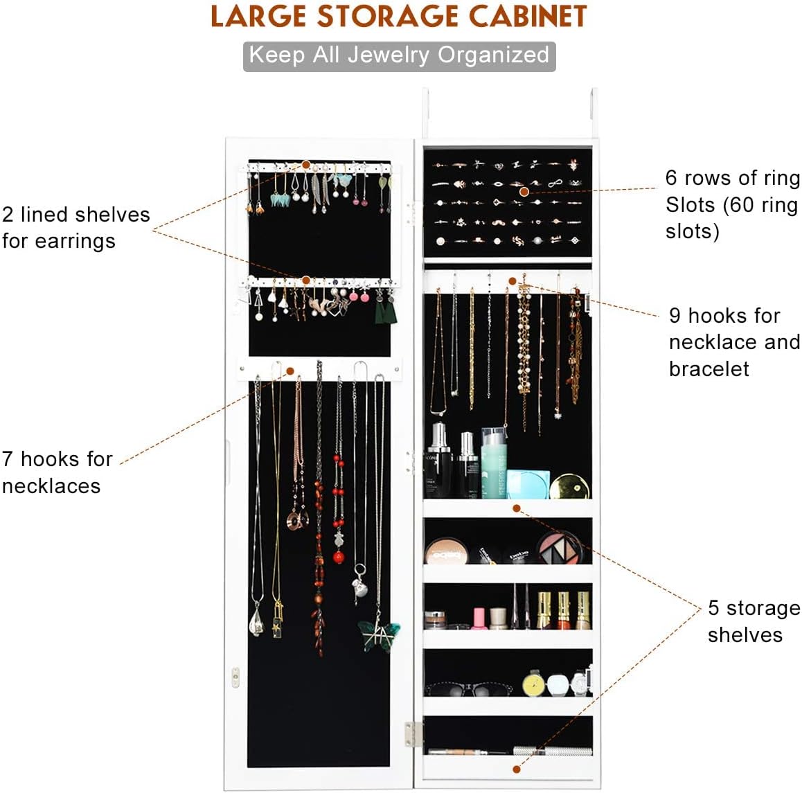 Wall Mounted Jewelry Armoire with Full-Length Mirror, 5 Shelves, 16 Hooks & 60 Ring Slots L5397