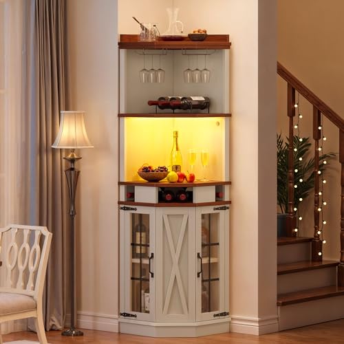 72" Tall White Corner Bar Cabinet with Glass Door B7432