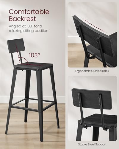 Set of 2 Bar Stools with Back, Steel Frame, Ash Black and Ink Black J879010