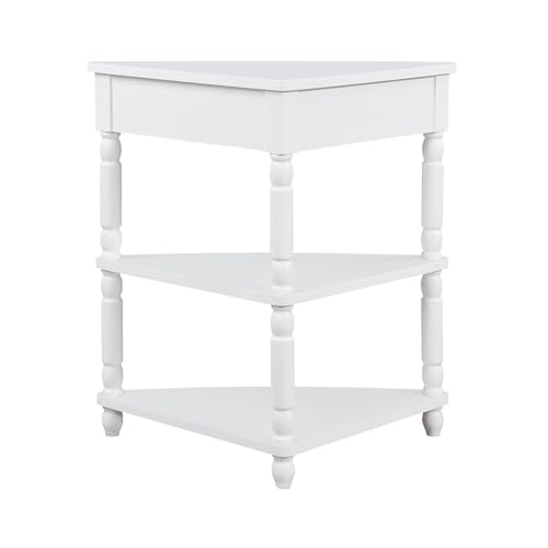 White 3-Tier Corner Shelf with Drawer and Solid Wood Legs G5323