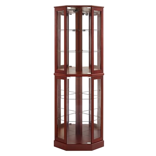 72" Tall Corner Display Cabinet Lighted Curio Cabinet, 6-Tier Wood Curio Showcase with Glass Doors and Adjustable Shelves (Cherry) E191725