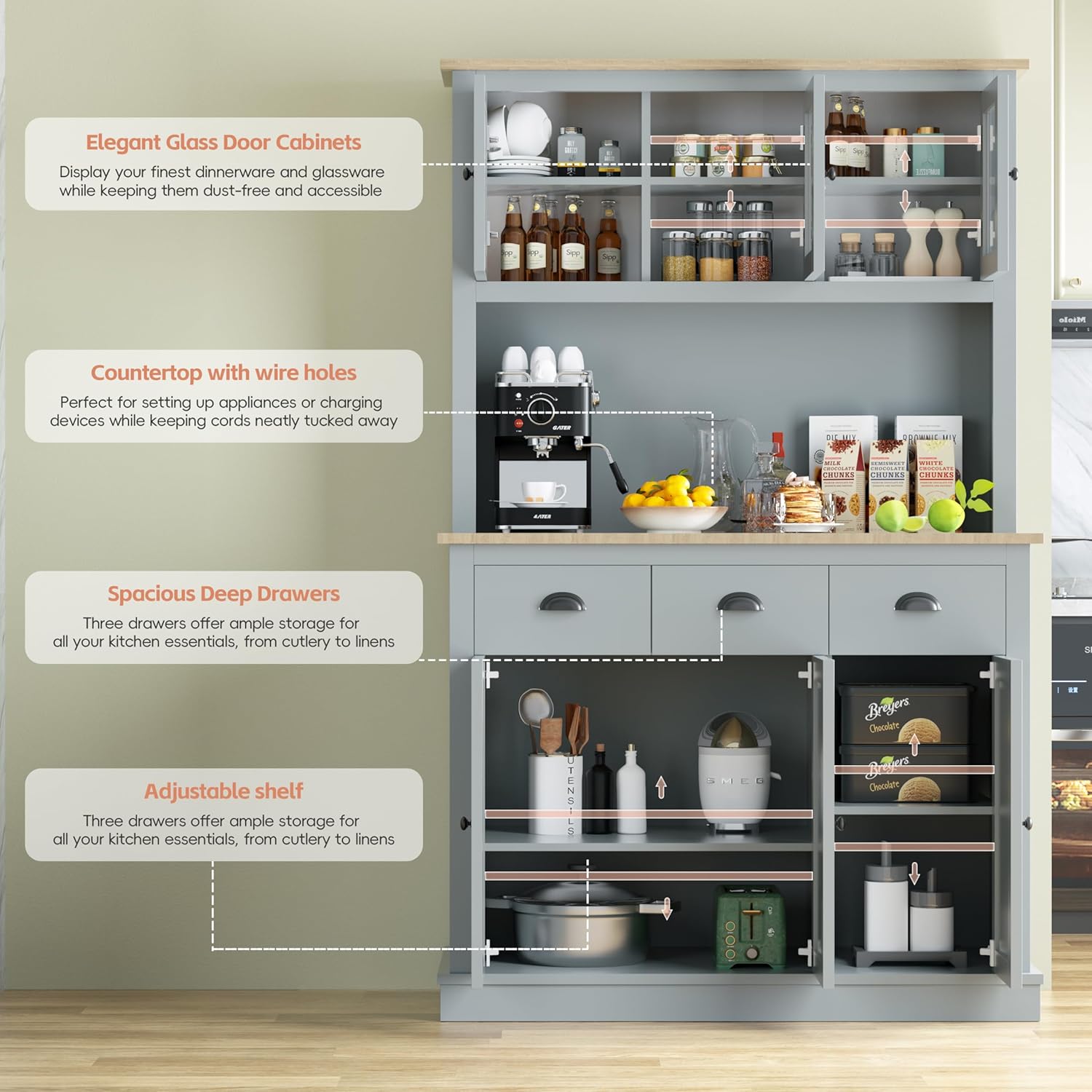 Grey Kitchen Hutch Storage Cabinet with Countertop and Drawers Q61269