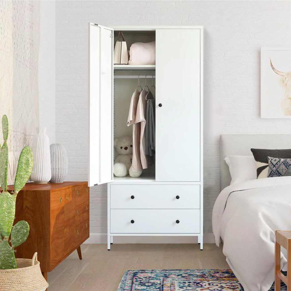 Metal Storage Wardrobe with Hanging Rod, 2 Doors and 2 Drawers, Steel Wardrobe Closet, 74" H x 31.5" W x 20" D (White) L5753