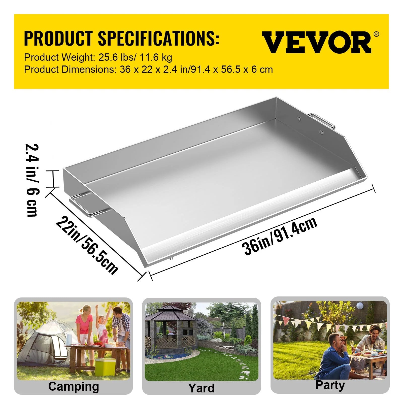 Stainless Steel Griddle Flat Top BBQ Plate with Handles and Grease Groove O67545