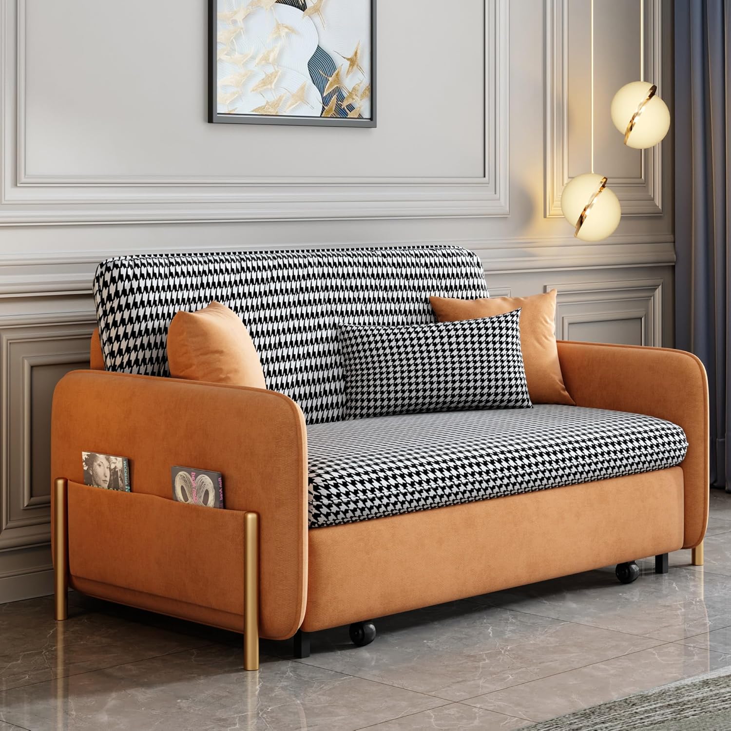 Orange Velvet Convertible Sleeper Sofa Bed U712