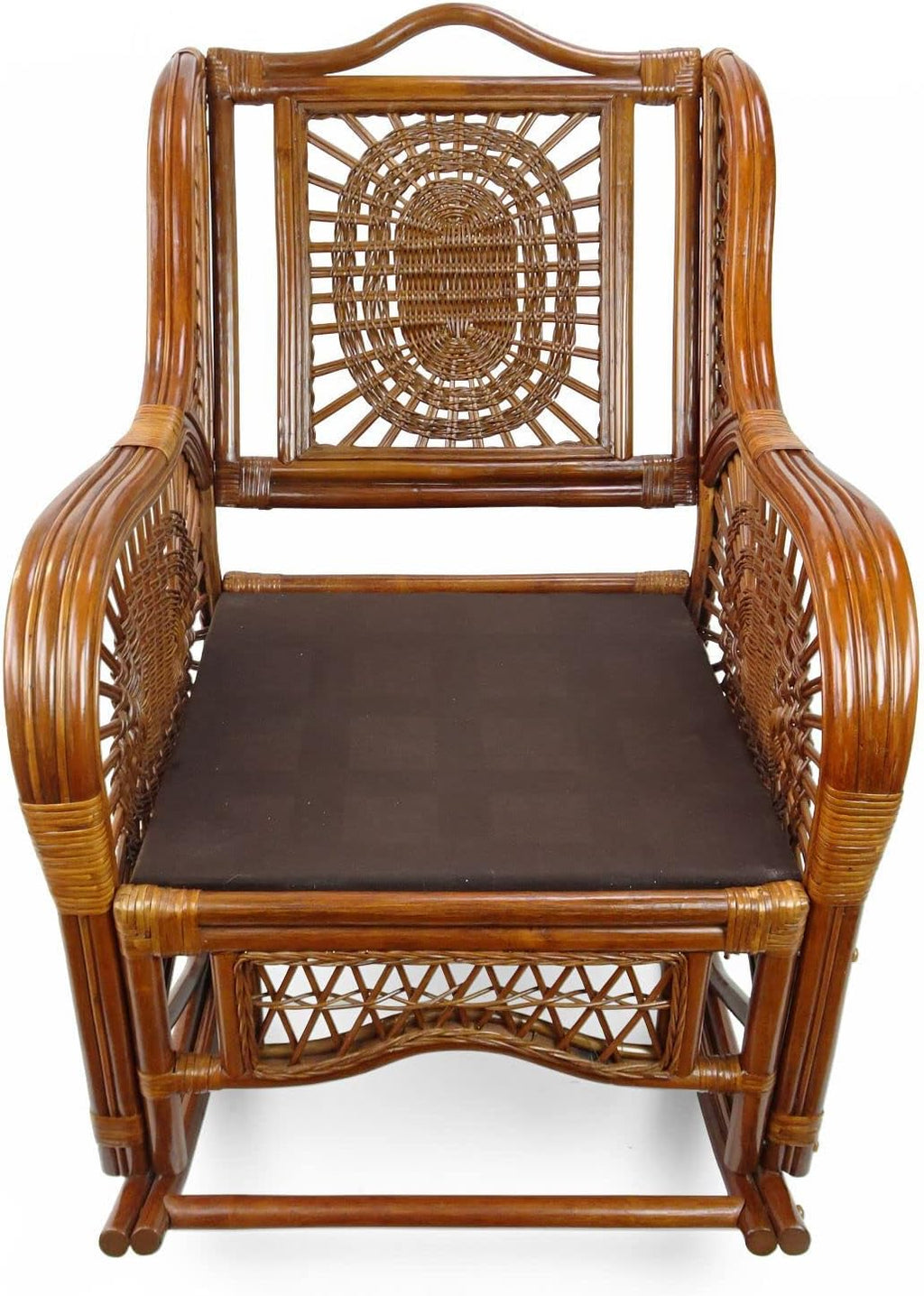 Natural Rattan Set of 2 Rocking Lounge Chairs with Dark Brown Cushions and Round Coffee Table with Glass V87549