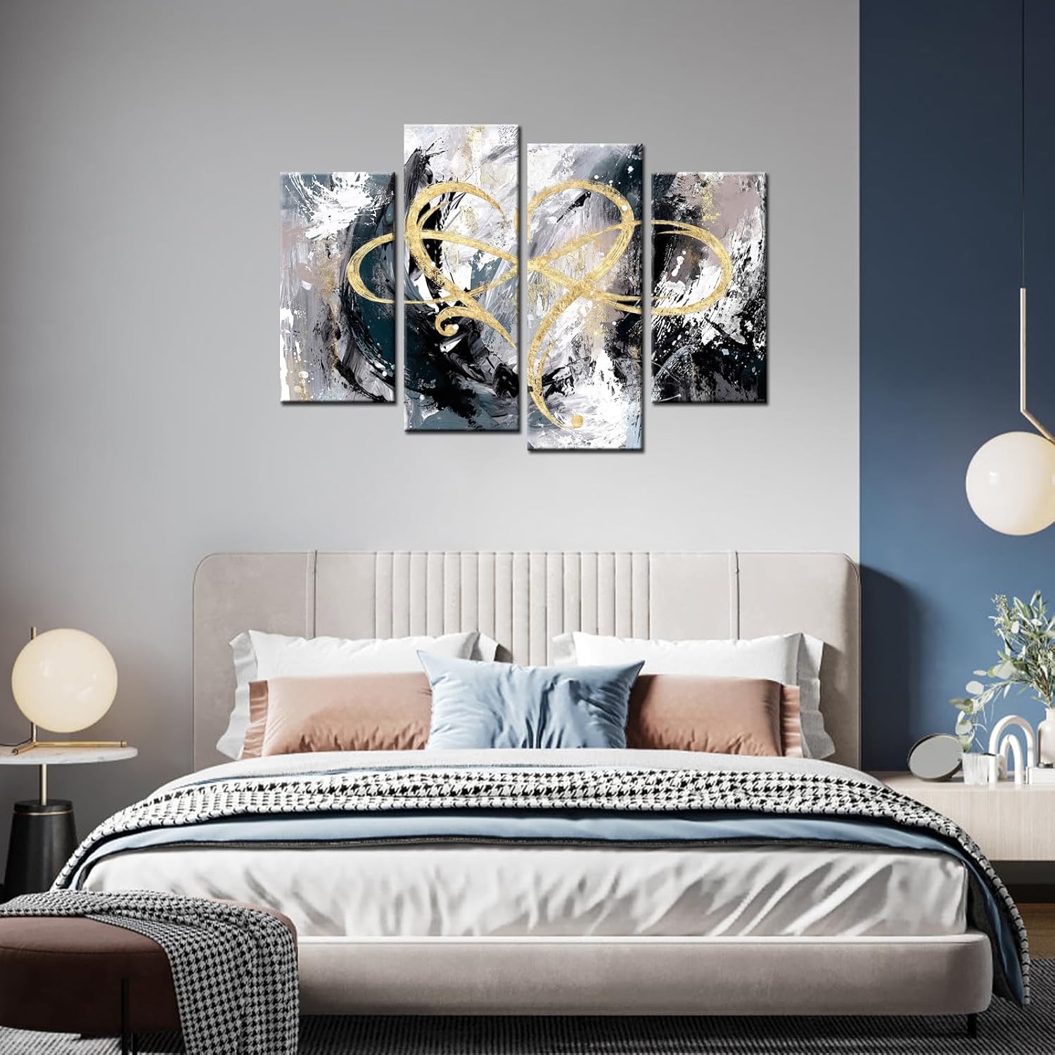 4 Panel Grey and Gold Canvas Wall Art M68040