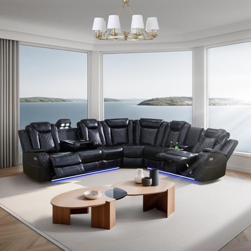 Black 6 Seat Power Reclining Sectional Sofa with LED Light K131