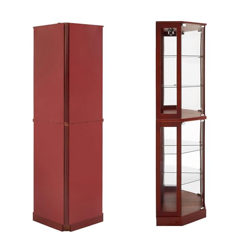 72" Tall Corner Display Cabinet Lighted Curio Cabinet, 6-Tier Wood Curio Showcase with Glass Doors and Adjustable Shelves (Cherry) E191725