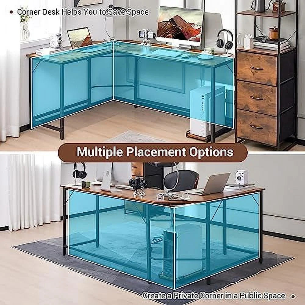 L-Shaped Desk with CPU Stand 66 Inch Wooden Metal Frame Black F7595