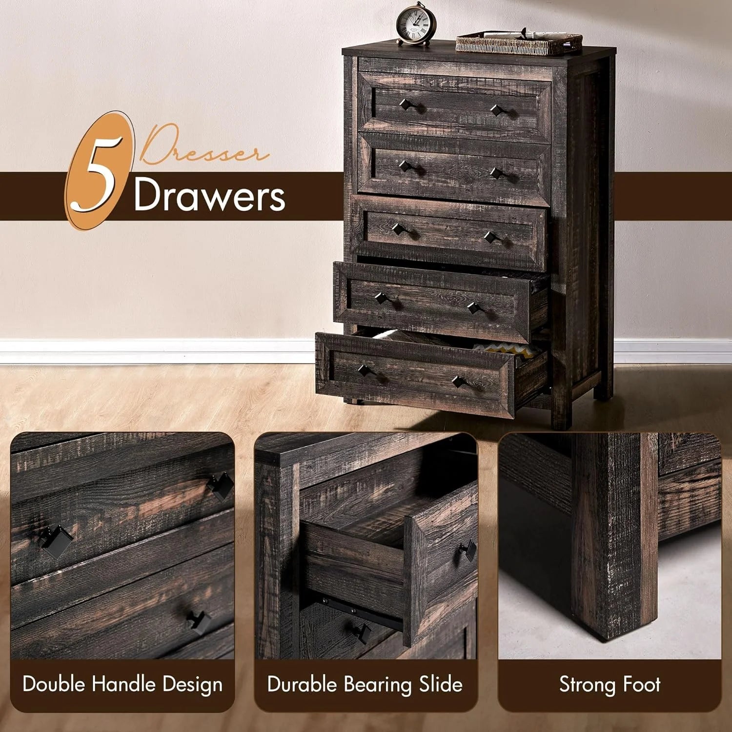 Dark Oak 5 Drawer Wood Dresser Y353