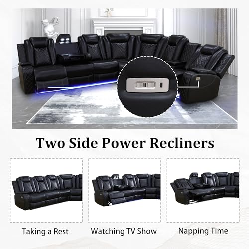 Black 6 Seat Power Reclining Sectional Sofa with LED Light K131