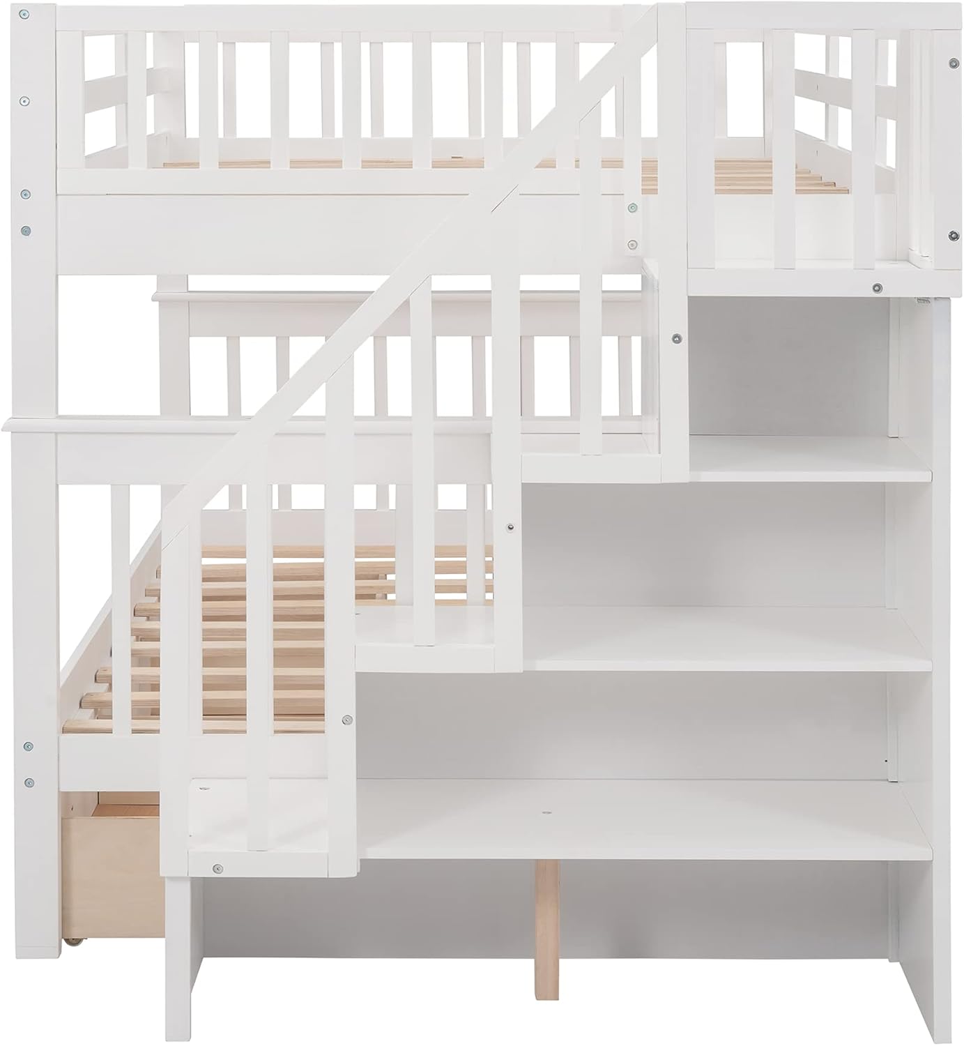 White Full Over Full Wooden Bunk Bed with Stairs and Storage Drawers L13742