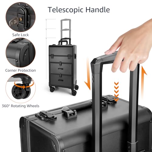 Black Rolling Makeup Train Case with Swivel Wheels U398531