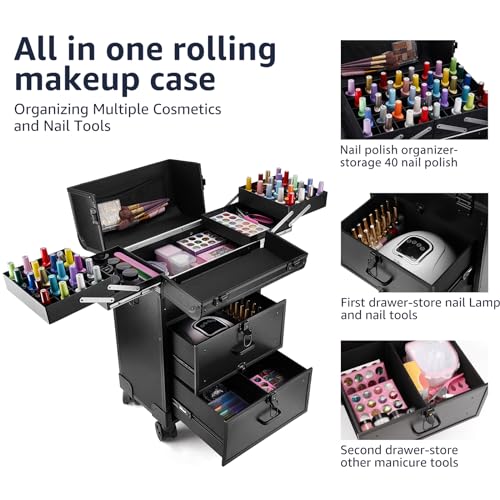 Black Rolling Makeup Train Case with Swivel Wheels U398531