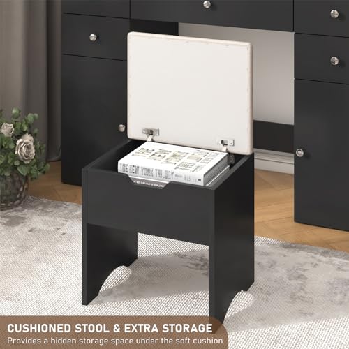 Black Vanity Desk with Lighted Mirror, 5 Drawers, 2 Cabinets, Stool, Glass Top, Sliding Jewelry Storage Shelves M97733