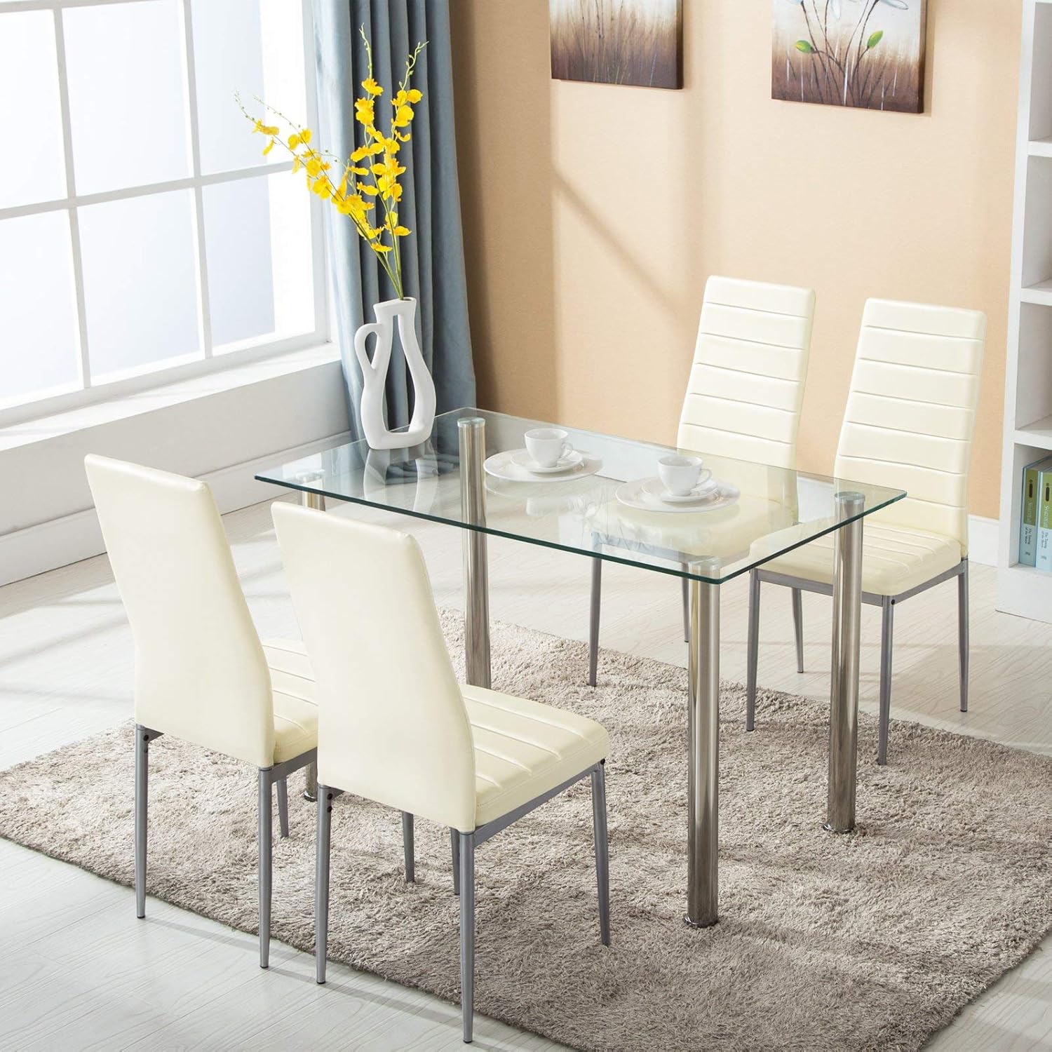5 Piece Dining Table Set with 4 PU Leather Chairs (Beige) M902