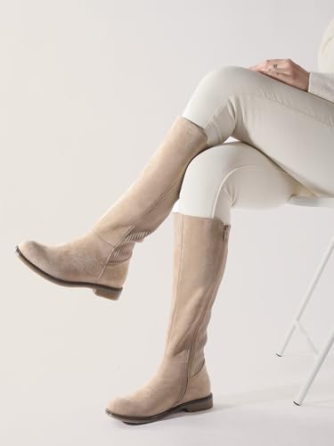 Knee High Boots Flat Low Heel Stretchy Round Toe with Side Zipper G702