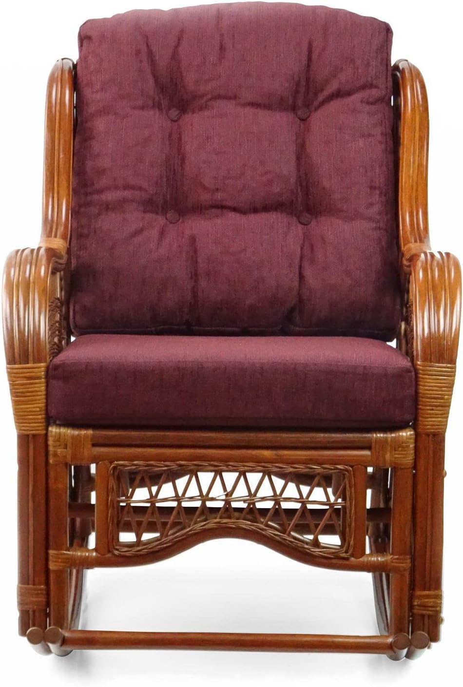 Natural Rattan Set of 2 Rocking Lounge Chairs with Dark Brown Cushions and Round Coffee Table with Glass V87549