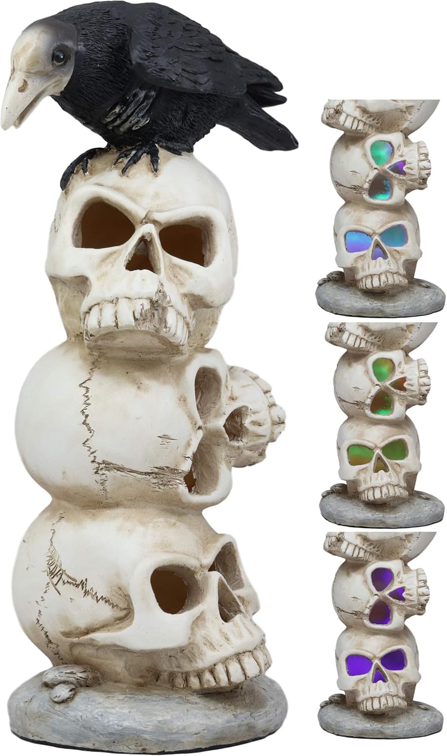 Gothic Raven Crow Bird Perching On Pole Totem Stacked Skulls with Color Changing LED Night Light Statue 11.75" Tall Skull Macabre Ossuary Figurine W60155