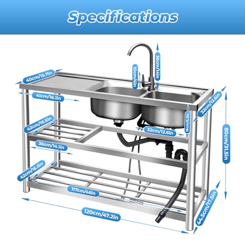 2 Compartment Stainless Steel Commercial Kitchen Utility Sink with Prep Counter K893