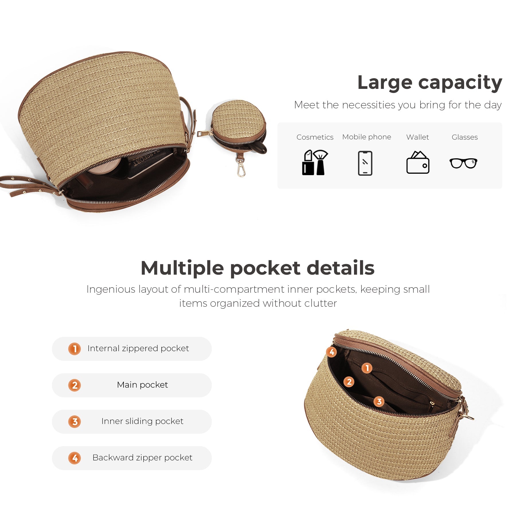 Ounamei Large Crossbody Bag for Women | Multi-Style Bag with Coin Pouch for Travel & Daily Use