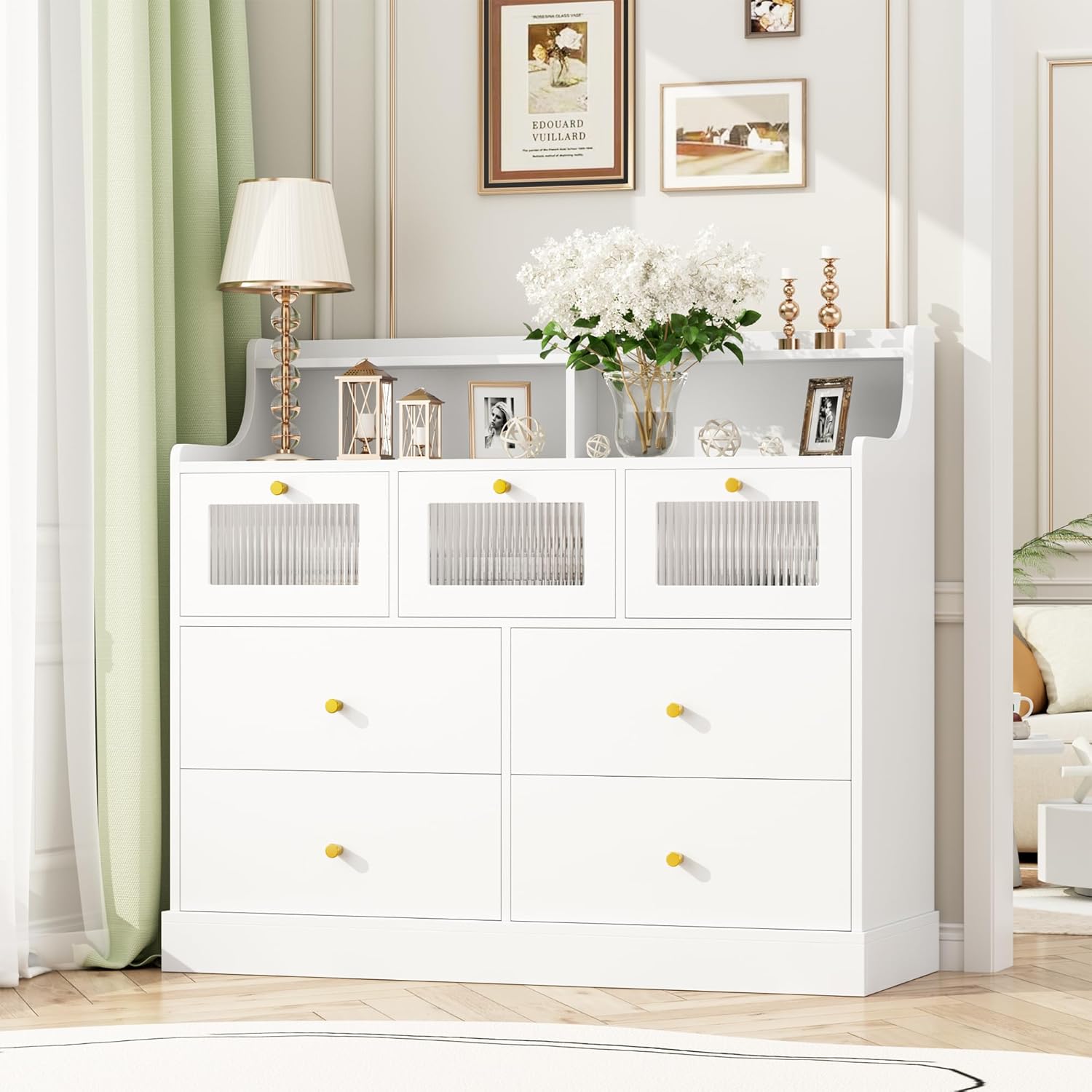 White 7 Drawer Wood Dresser with Shelves G969041