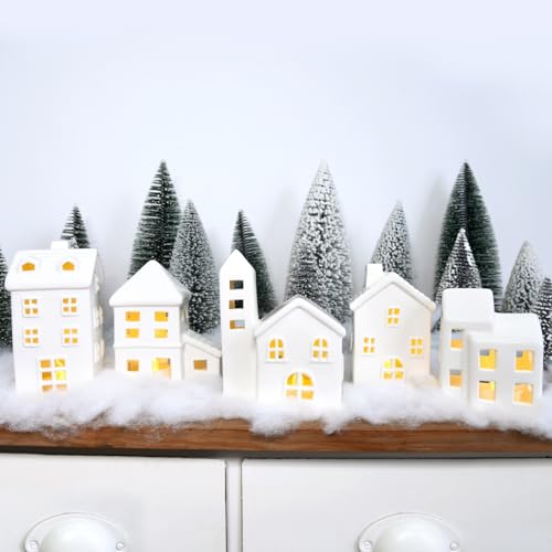5 Pcs White Houses & 9 Pcs Trees & Fake Snow Ceramic Christmas Village Decorations H12273