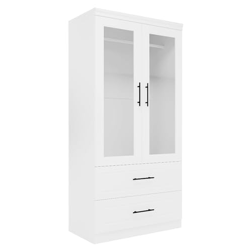 White 3 Door Armoire Wardrobe Closet with Mirror and 2 Drawers D291332