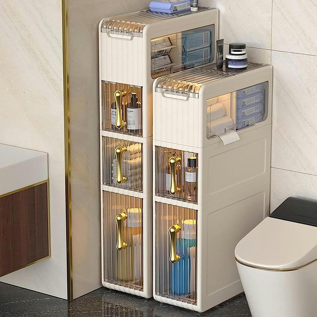 Narrow Bathroom Floor Storage Cabinet with Drawers and Wheels P868021