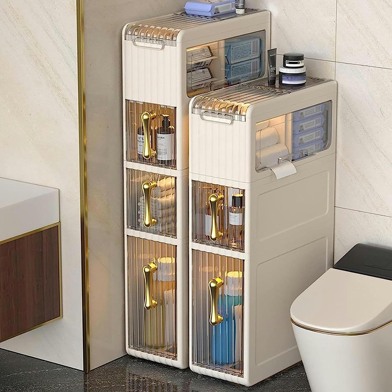 Narrow Bathroom Floor Storage Cabinet with Drawers and Wheels P868021