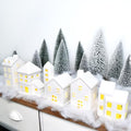 5 Pcs White Houses & 9 Pcs Trees & Fake Snow Ceramic Christmas Village Decorations H12273