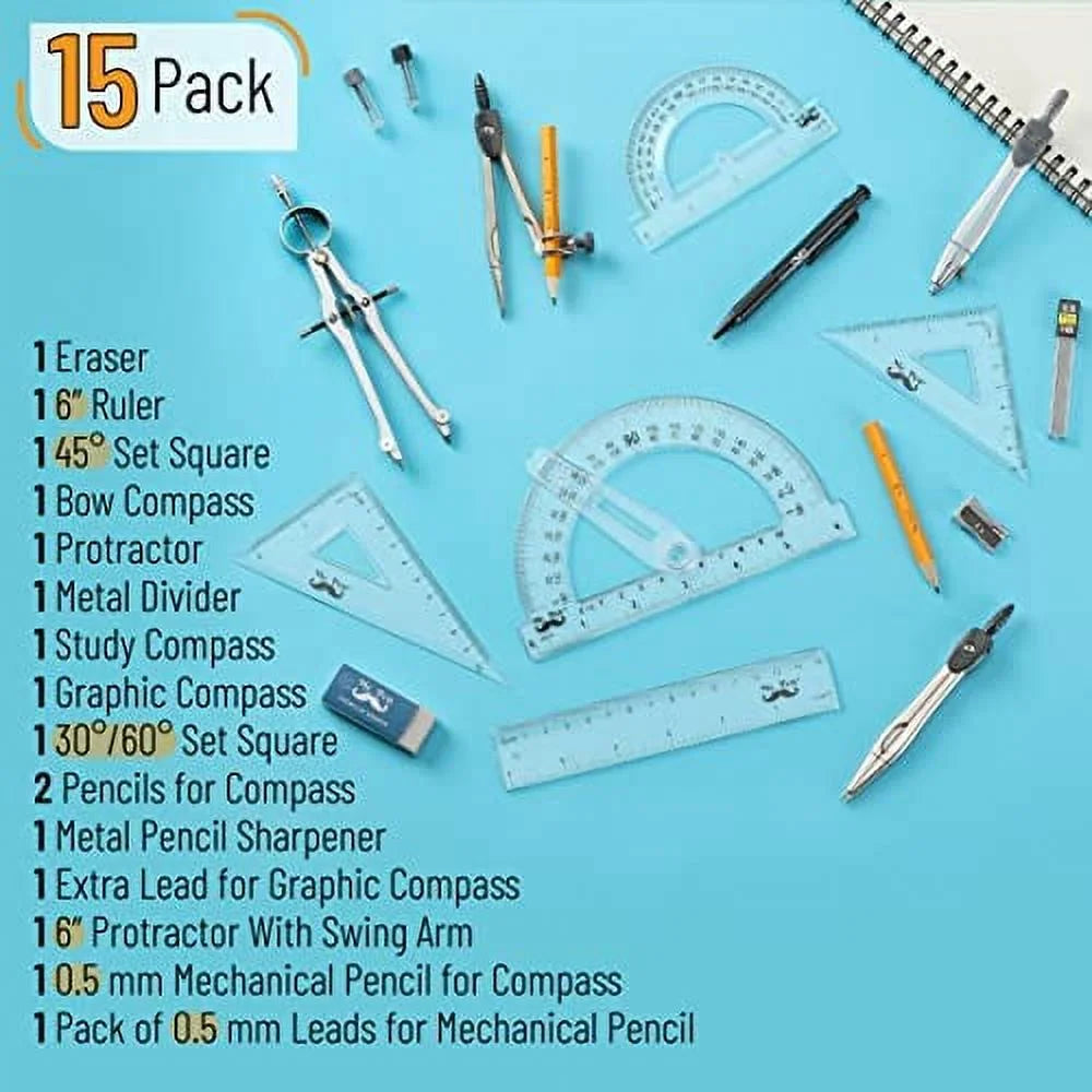 15 Piece Geometry Set with 6 Inch Swing Arm Protractor O80004