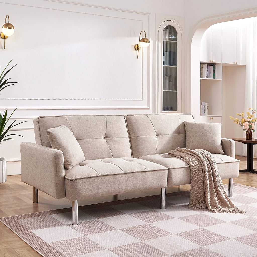 84.6 in. Extra Long Tufted Beige Fabric Futon Adjustable Sofa Bed I7373