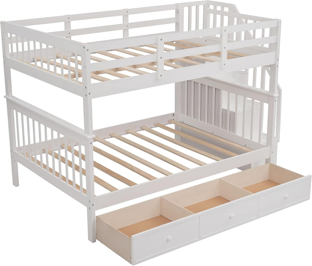 White Full Over Full Wooden Bunk Bed with Stairs and Storage Drawers L13742