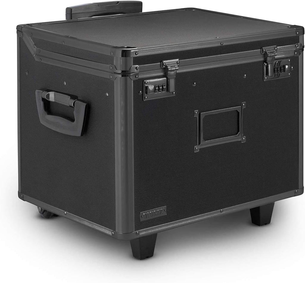 Portable File Box with Handle - 15 x 14 x 17 Inch Lock Box with Wheels - Double Combination Locking Cabinet - Tactical Black P633