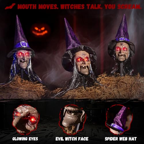 3-Pack Halloween Animatronic Witch Stakes with Sound, Light-Up Eyes, Moving Mouth T944