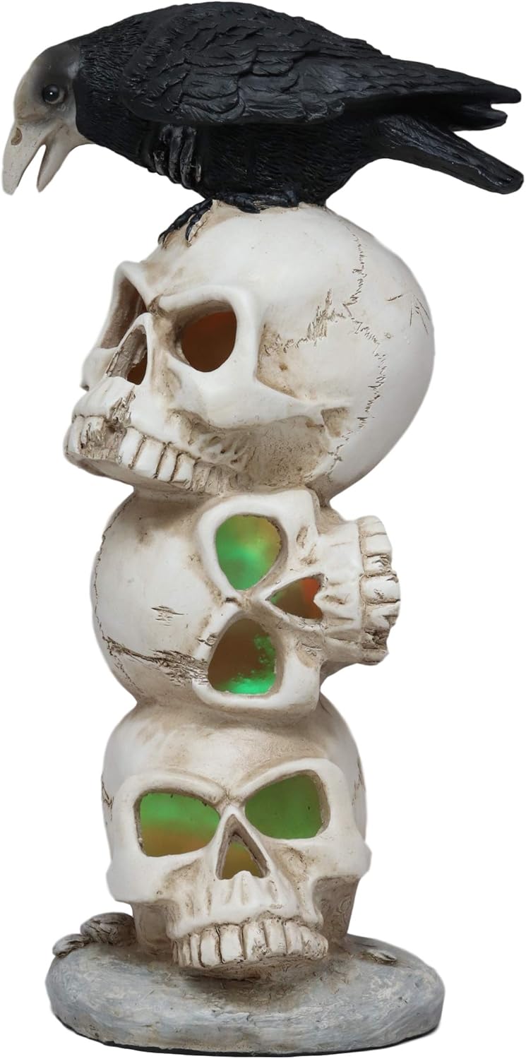 Gothic Raven Crow Bird Perching On Pole Totem Stacked Skulls with Color Changing LED Night Light Statue 11.75" Tall Skull Macabre Ossuary Figurine W60155