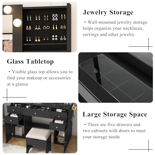 Black Vanity Desk with Lighted Mirror, 5 Drawers, 2 Cabinets, Stool, Glass Top, Sliding Jewelry Storage Shelves M97733