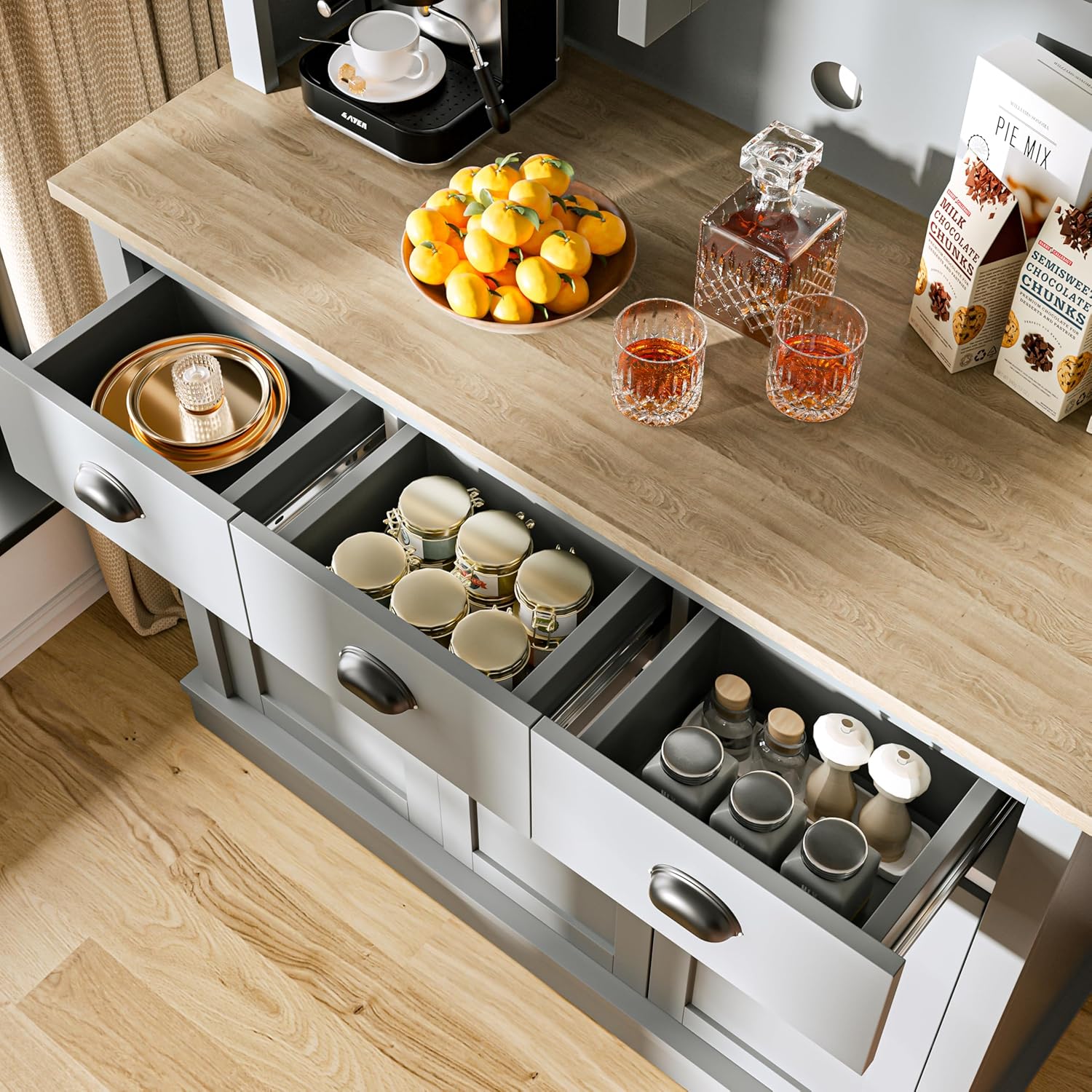 Grey Kitchen Hutch Storage Cabinet with Countertop and Drawers Q61269
