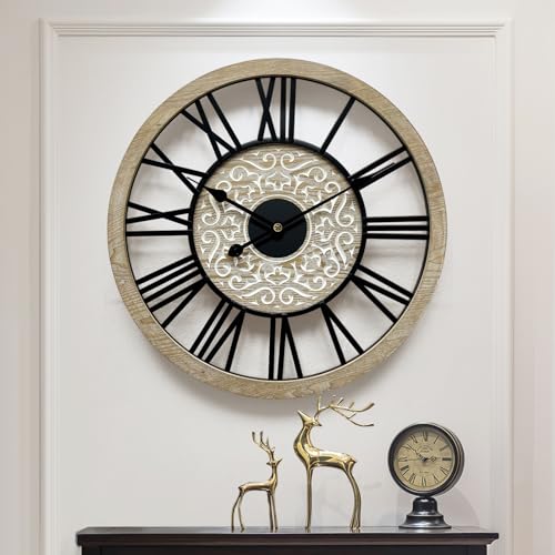 24 in Round Carved Wooden Wall Clock K4088