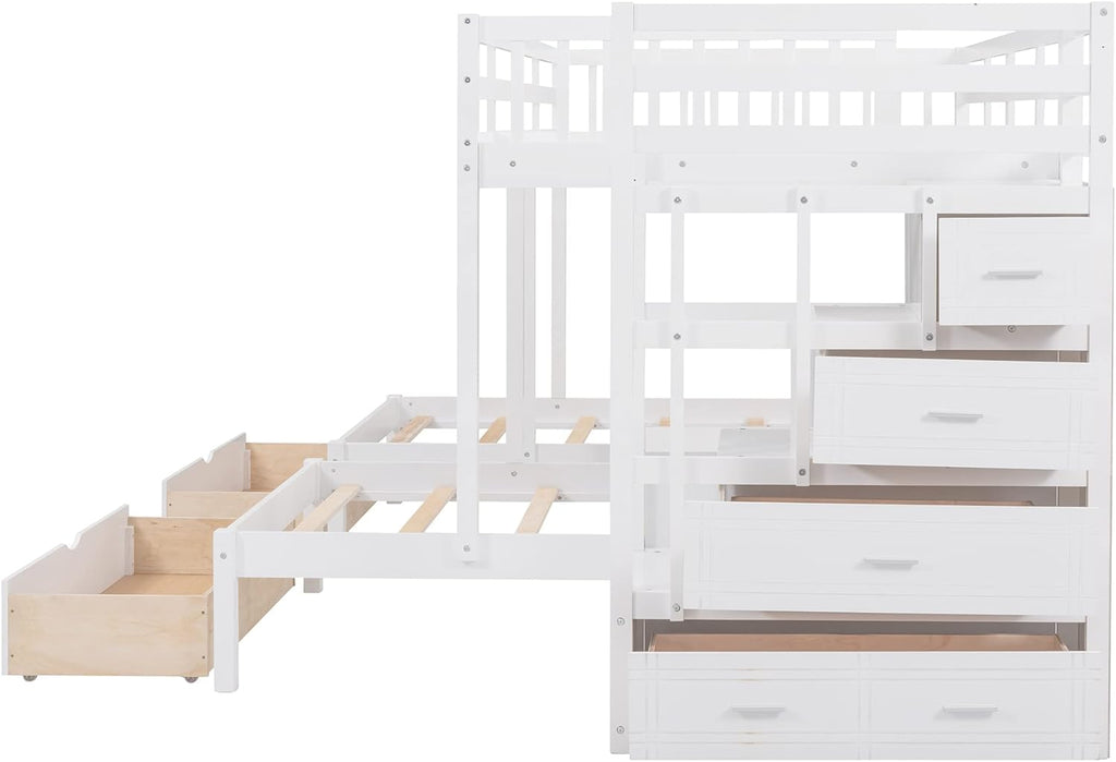 L-Shaped Triple Bunk Beds with Staircase and 2 Storage Drawers V1430