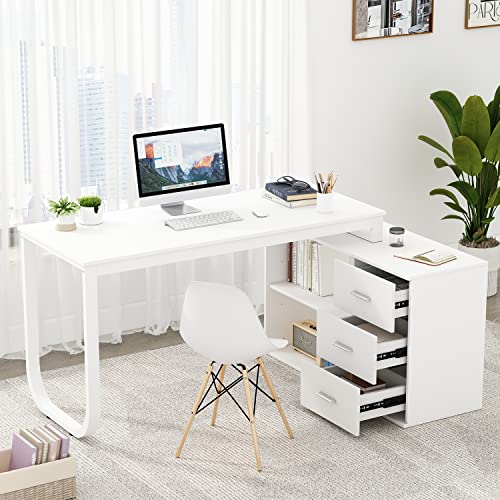 White L-Shaped Desk with Drawers and Shelves E680643