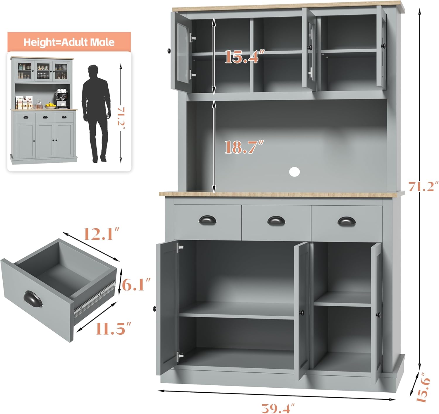 Grey Kitchen Hutch Storage Cabinet with Countertop and Drawers Q61269