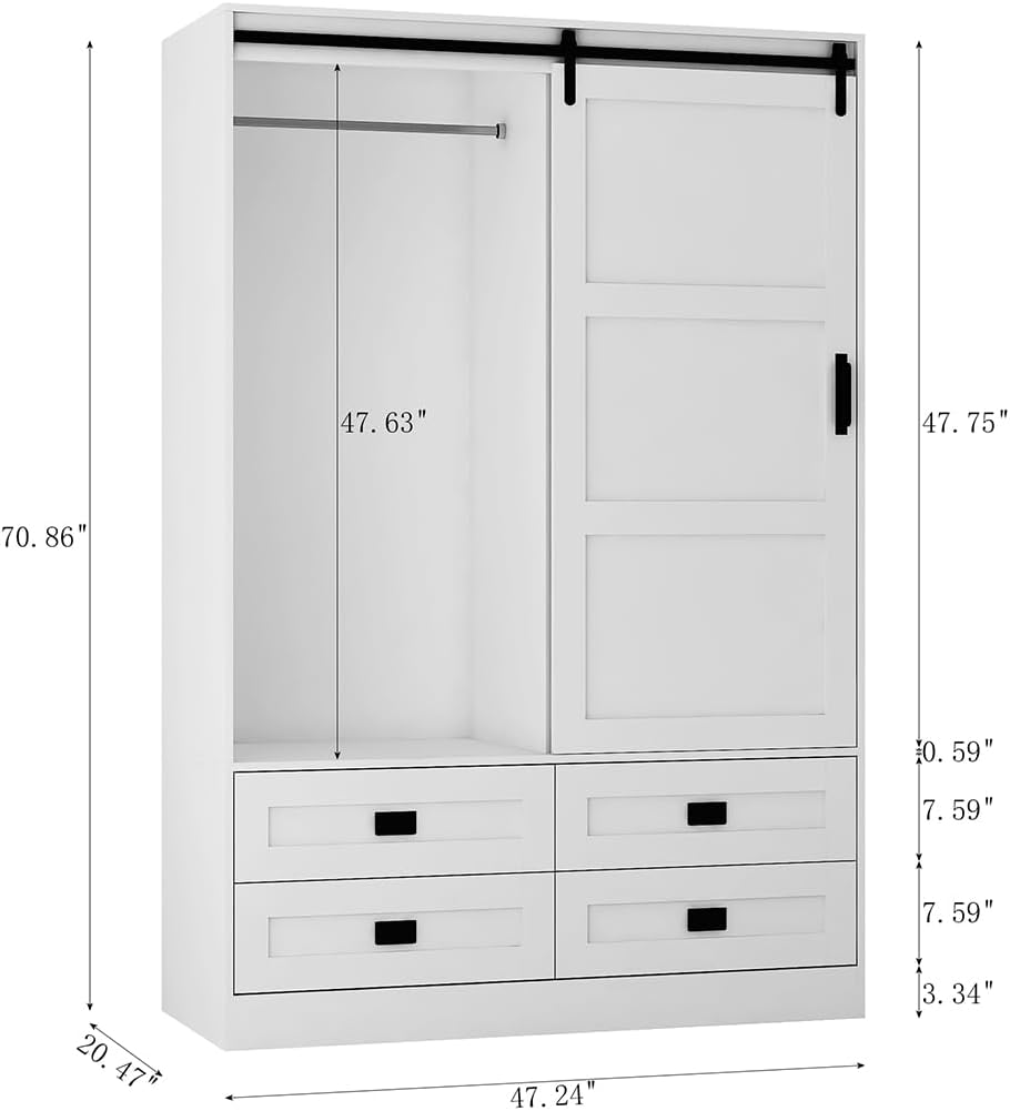 Solid Wood Armoire Wardrobe Closet with Sliding Barn Door, 4 Drawers, 3 Adjustable Shelves & Hanging Rod O972