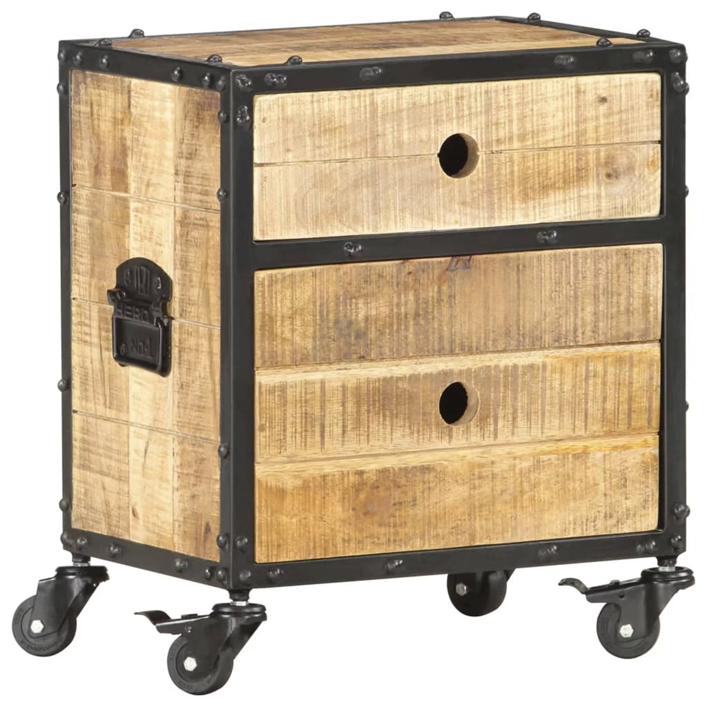 Bedside Cabinet with 2 Storage Drawer and Wheels Rough Mango Wood 15.7 x 11.8 x 19.7 Inches Z5992