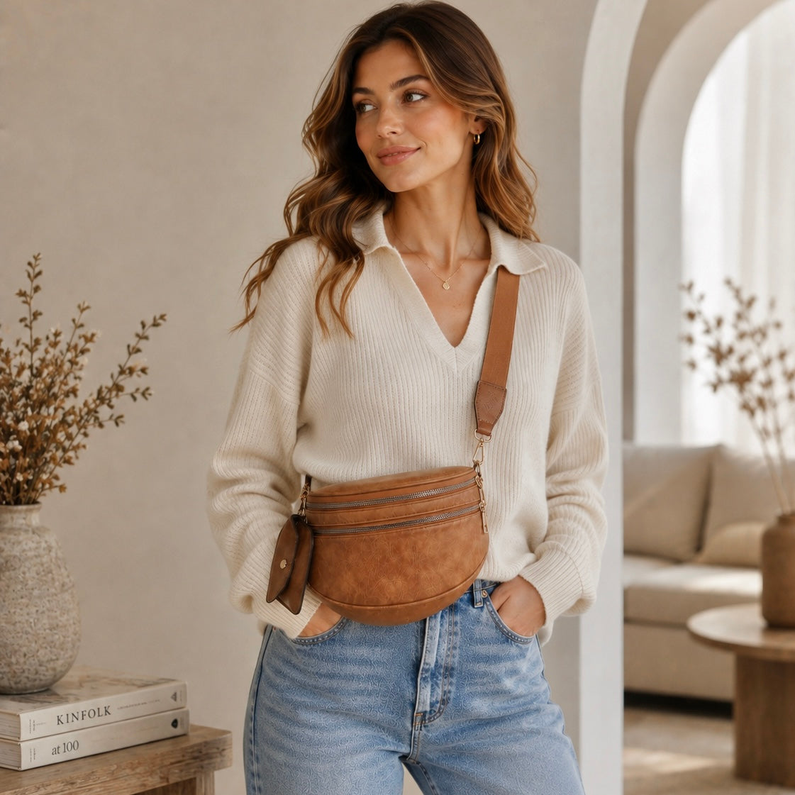 Ounamei Vegan Leather Crossbody Bum Bag for Women with Mini Pouch