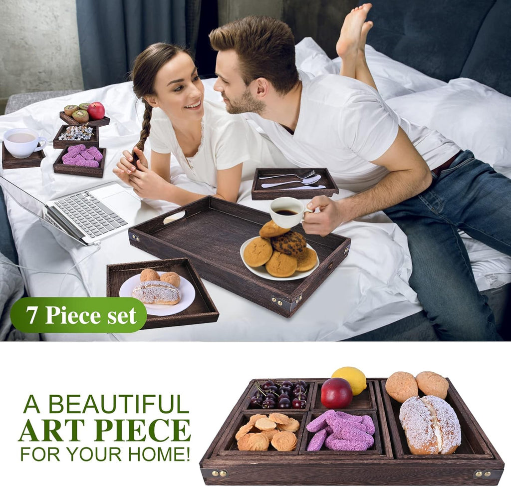 Set of 7 Rectangular Wooden Nesting Serving Trays with Handles B927