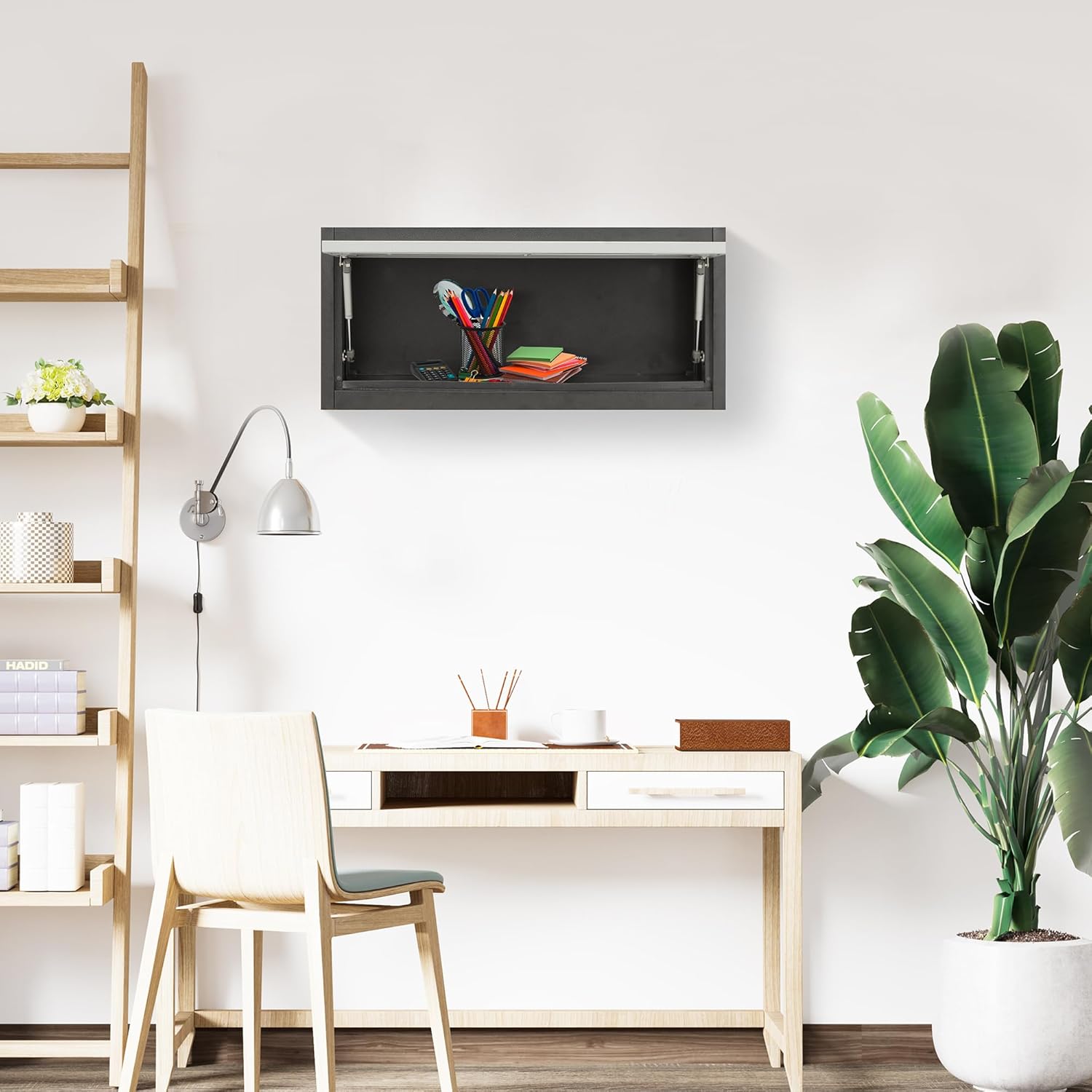 Black Metal Wall Mounted Locking Cabinet 30.31" W with Up-Flip Door N7232