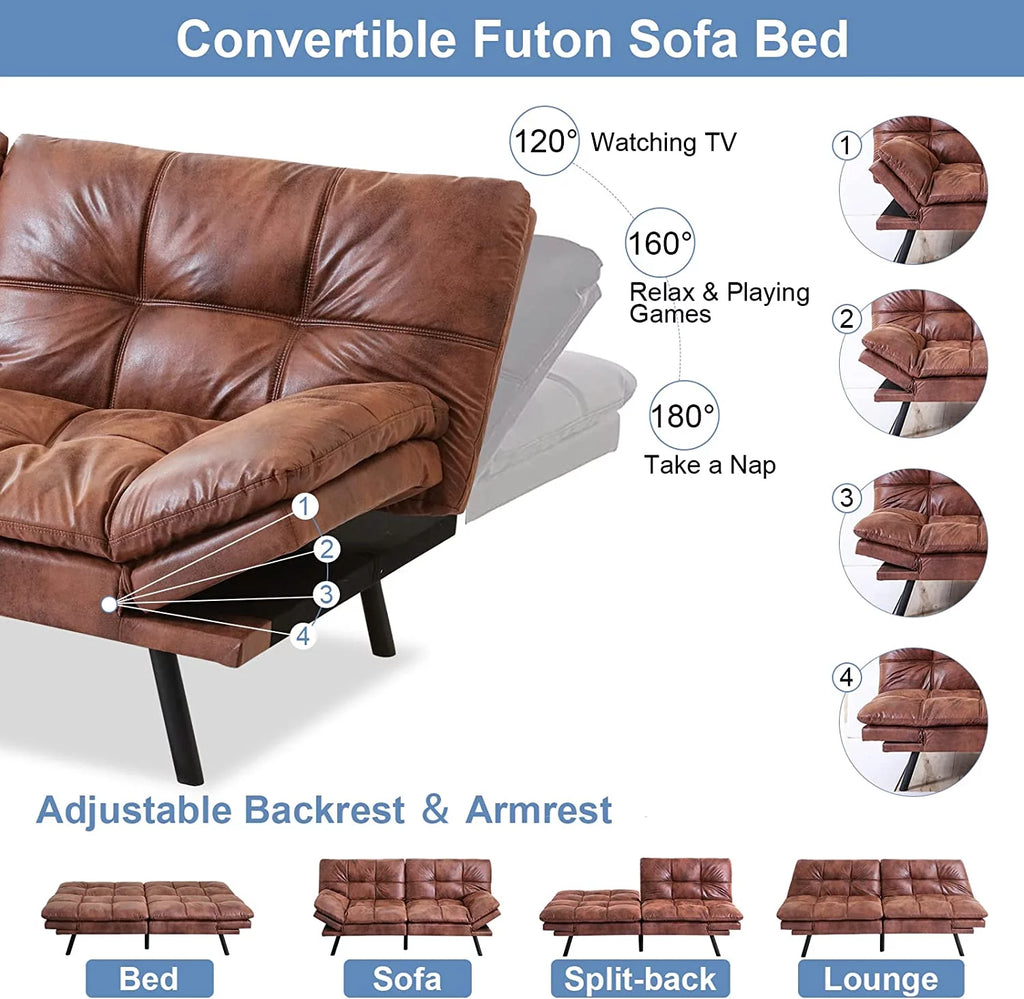 Faux Leather Memory Foam Convertible Futon Sofa Bed A1152